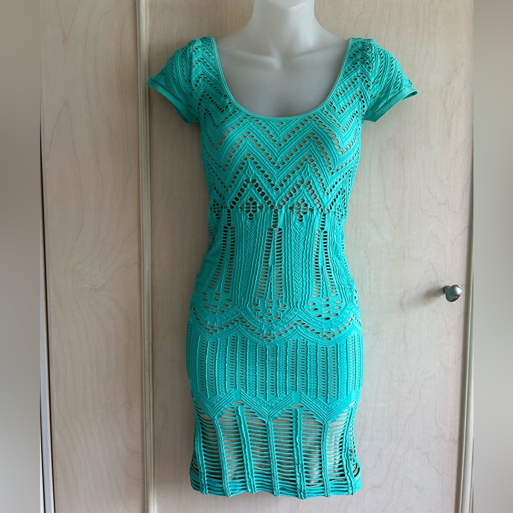 BEBE Crochet Stretch Mini Dress Turquoise